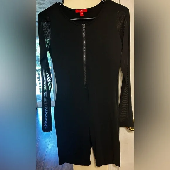Guess Sexy Black Biker Short Front Zip Jumpsuit w Sheer Long Sleeves - Picture 7 of 11